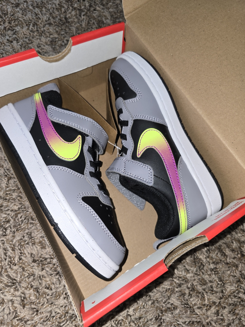 Nike Kids Gray Black Sneakers with Neon Yellow and Pink Gradient Swoosh